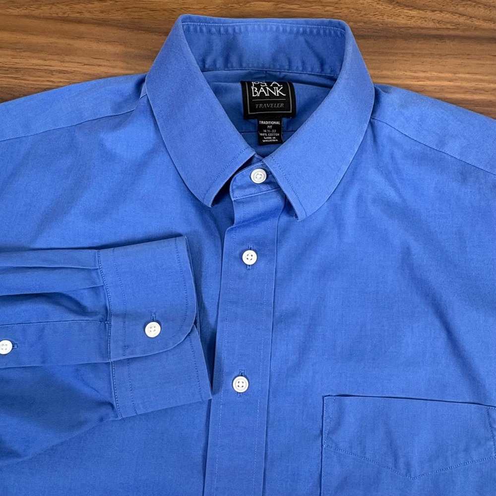 Jos. A. Bank TRAVELER Traditional Fit Blue Cotton Dress Shirt 16 Neck 32 Sleeve